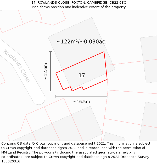 17, ROWLANDS CLOSE, FOXTON, CAMBRIDGE, CB22 6SQ: Plot and title map