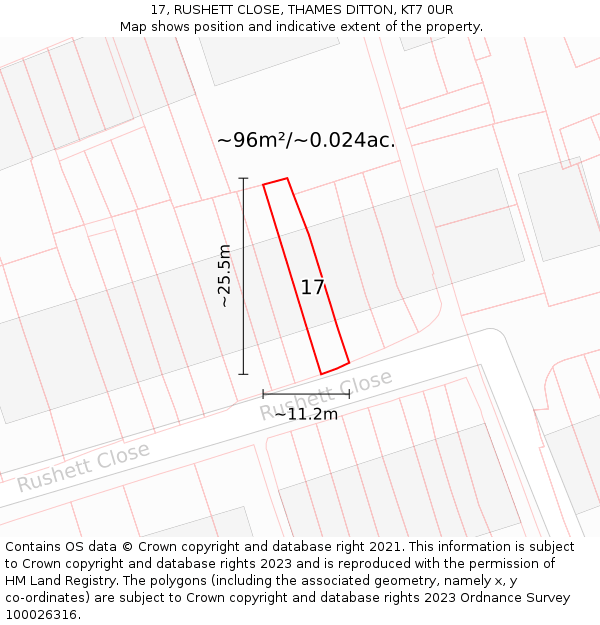 17, RUSHETT CLOSE, THAMES DITTON, KT7 0UR: Plot and title map