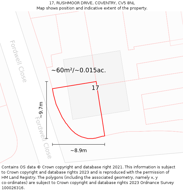 17, RUSHMOOR DRIVE, COVENTRY, CV5 8NL: Plot and title map