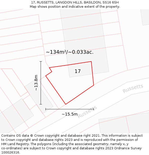 17, RUSSETTS, LANGDON HILLS, BASILDON, SS16 6SH: Plot and title map