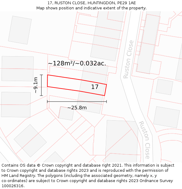 17, RUSTON CLOSE, HUNTINGDON, PE29 1AE: Plot and title map