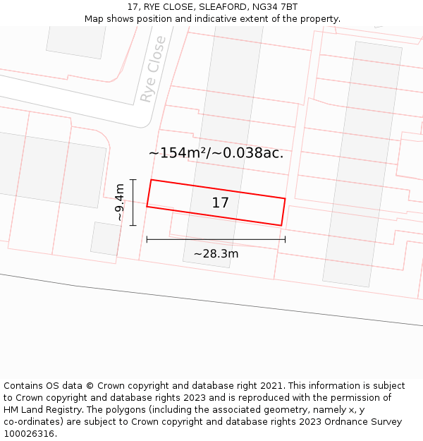 17, RYE CLOSE, SLEAFORD, NG34 7BT: Plot and title map