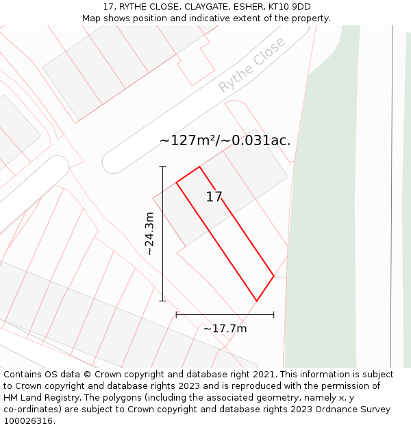 17, RYTHE CLOSE, CLAYGATE, ESHER, KT10 9DD: Plot and title map