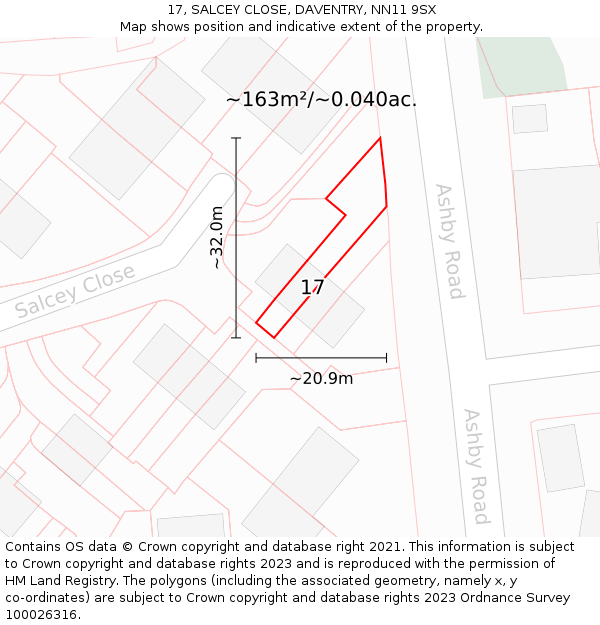 17, SALCEY CLOSE, DAVENTRY, NN11 9SX: Plot and title map
