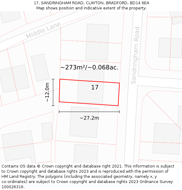 17, SANDRINGHAM ROAD, CLAYTON, BRADFORD, BD14 6EA: Plot and title map