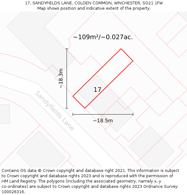17, SANDYFIELDS LANE, COLDEN COMMON, WINCHESTER, SO21 1FW: Plot and title map