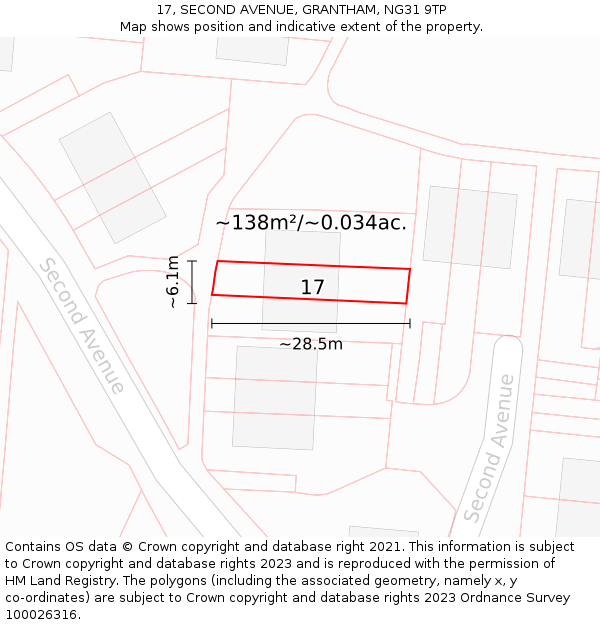 17, SECOND AVENUE, GRANTHAM, NG31 9TP: Plot and title map