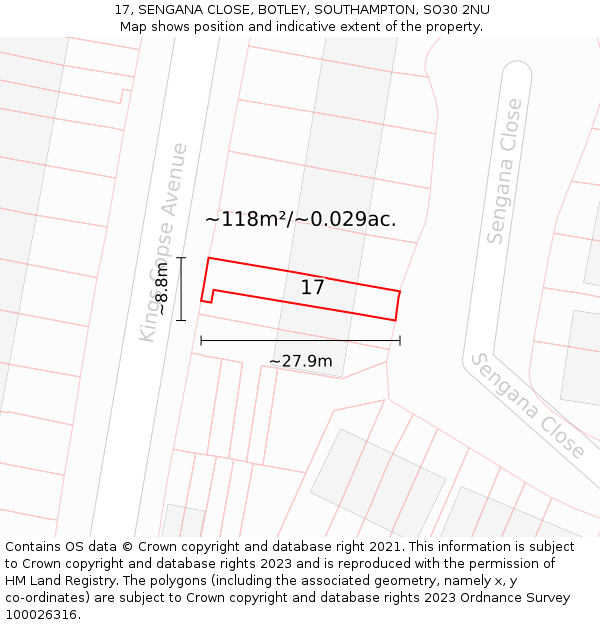 17, SENGANA CLOSE, BOTLEY, SOUTHAMPTON, SO30 2NU: Plot and title map
