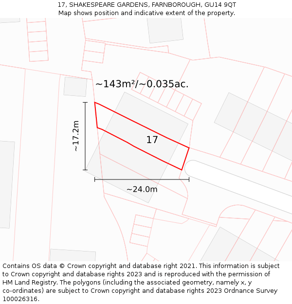 17, SHAKESPEARE GARDENS, FARNBOROUGH, GU14 9QT: Plot and title map