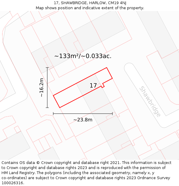 17, SHAWBRIDGE, HARLOW, CM19 4NJ: Plot and title map
