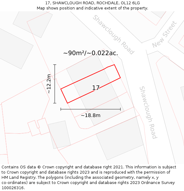 17, SHAWCLOUGH ROAD, ROCHDALE, OL12 6LG: Plot and title map