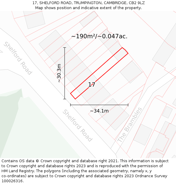 17, SHELFORD ROAD, TRUMPINGTON, CAMBRIDGE, CB2 9LZ: Plot and title map