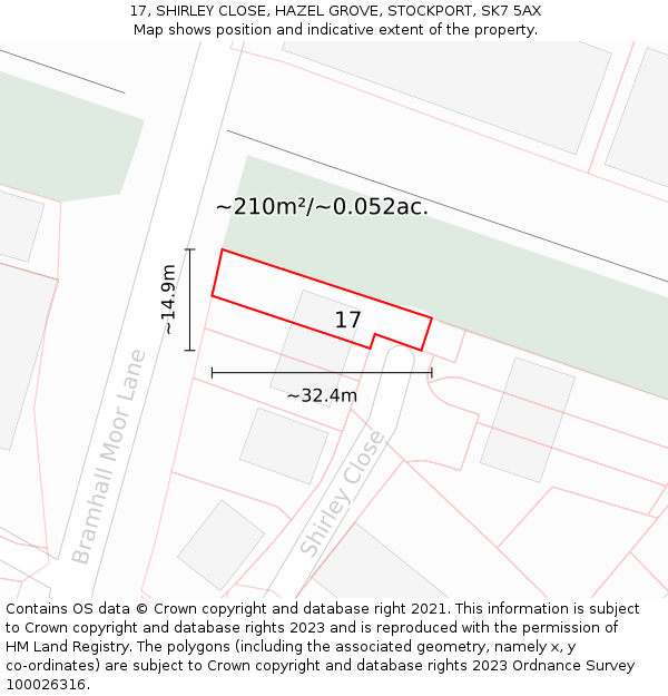 17, SHIRLEY CLOSE, HAZEL GROVE, STOCKPORT, SK7 5AX: Plot and title map