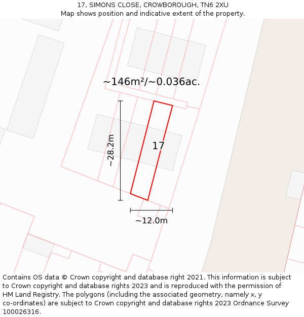 17, SIMONS CLOSE, CROWBOROUGH, TN6 2XU: Plot and title map