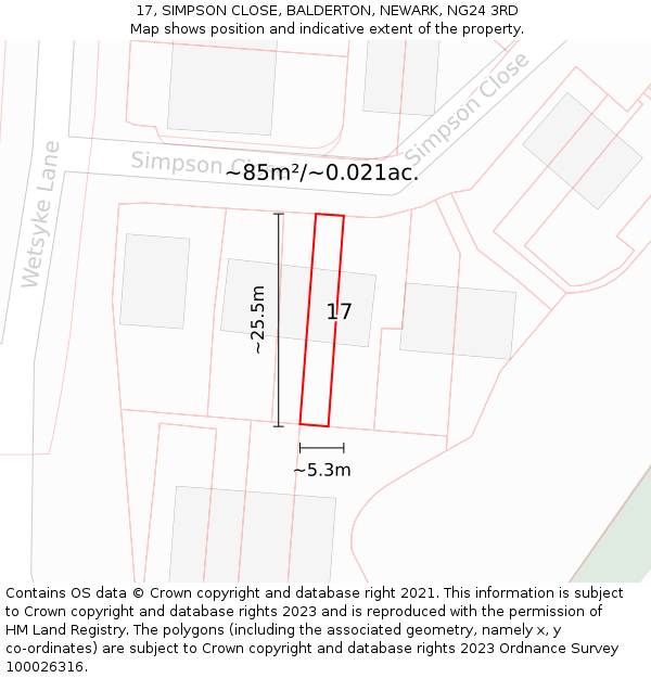 17, SIMPSON CLOSE, BALDERTON, NEWARK, NG24 3RD: Plot and title map