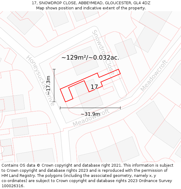 17, SNOWDROP CLOSE, ABBEYMEAD, GLOUCESTER, GL4 4DZ: Plot and title map