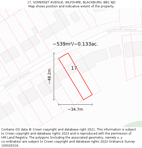 17, SOMERSET AVENUE, WILPSHIRE, BLACKBURN, BB1 9JD: Plot and title map