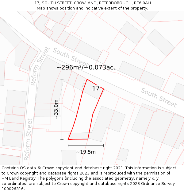 17, SOUTH STREET, CROWLAND, PETERBOROUGH, PE6 0AH: Plot and title map