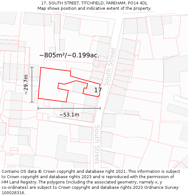 17, SOUTH STREET, TITCHFIELD, FAREHAM, PO14 4DL: Plot and title map