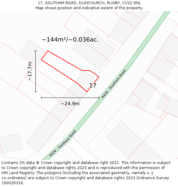 17, SOUTHAM ROAD, DUNCHURCH, RUGBY, CV22 6NL: Plot and title map
