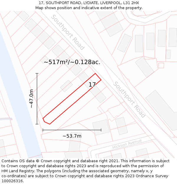 17, SOUTHPORT ROAD, LYDIATE, LIVERPOOL, L31 2HX: Plot and title map