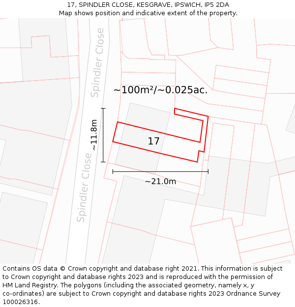 17, SPINDLER CLOSE, KESGRAVE, IPSWICH, IP5 2DA: Plot and title map