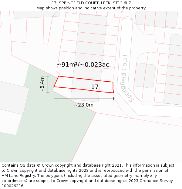 17, SPRINGFIELD COURT, LEEK, ST13 6LZ: Plot and title map