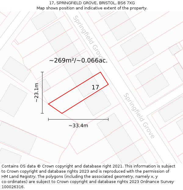 17, SPRINGFIELD GROVE, BRISTOL, BS6 7XG: Plot and title map