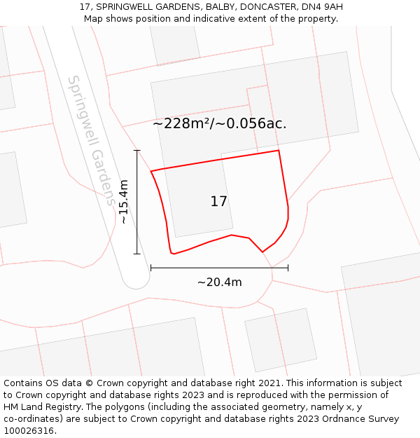 17, SPRINGWELL GARDENS, BALBY, DONCASTER, DN4 9AH: Plot and title map
