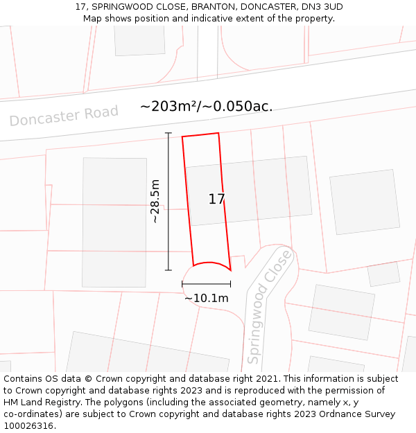 17, SPRINGWOOD CLOSE, BRANTON, DONCASTER, DN3 3UD: Plot and title map