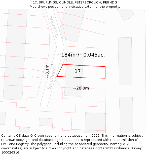 17, SPURLINGS, OUNDLE, PETERBOROUGH, PE8 4DG: Plot and title map