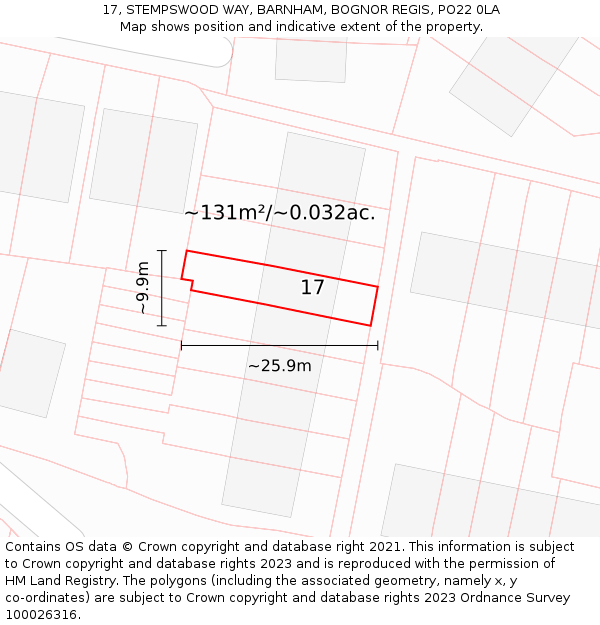 17, STEMPSWOOD WAY, BARNHAM, BOGNOR REGIS, PO22 0LA: Plot and title map