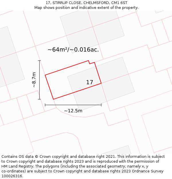 17, STIRRUP CLOSE, CHELMSFORD, CM1 6ST: Plot and title map