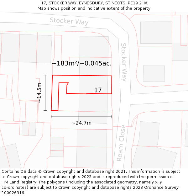 17, STOCKER WAY, EYNESBURY, ST NEOTS, PE19 2HA: Plot and title map
