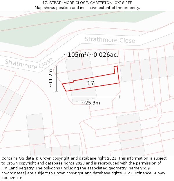 17, STRATHMORE CLOSE, CARTERTON, OX18 1FB: Plot and title map