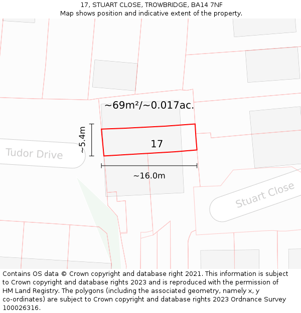 17, STUART CLOSE, TROWBRIDGE, BA14 7NF: Plot and title map