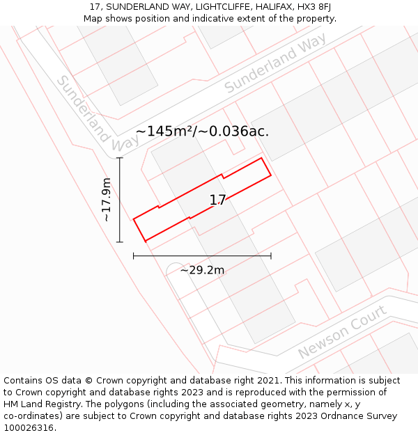 17, SUNDERLAND WAY, LIGHTCLIFFE, HALIFAX, HX3 8FJ: Plot and title map