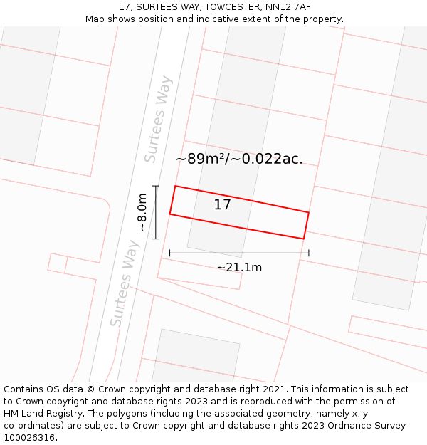 17, SURTEES WAY, TOWCESTER, NN12 7AF: Plot and title map