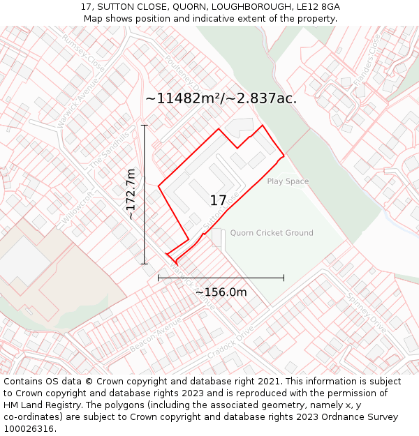 17, SUTTON CLOSE, QUORN, LOUGHBOROUGH, LE12 8GA: Plot and title map