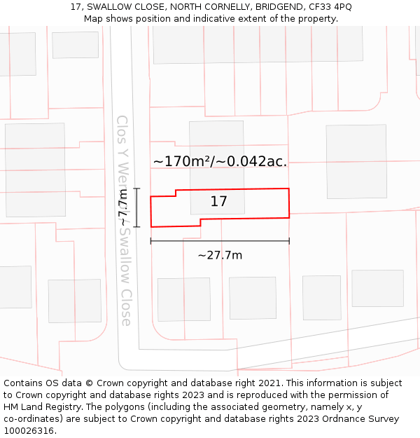 17, SWALLOW CLOSE, NORTH CORNELLY, BRIDGEND, CF33 4PQ: Plot and title map