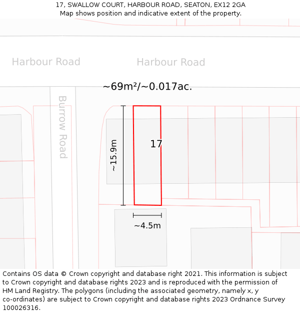 17, SWALLOW COURT, HARBOUR ROAD, SEATON, EX12 2GA: Plot and title map
