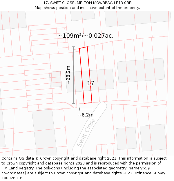 17, SWIFT CLOSE, MELTON MOWBRAY, LE13 0BB: Plot and title map