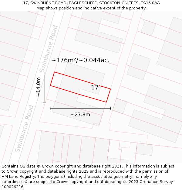 17, SWINBURNE ROAD, EAGLESCLIFFE, STOCKTON-ON-TEES, TS16 0AA: Plot and title map