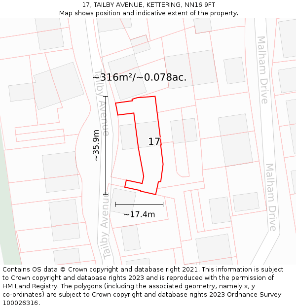 17, TAILBY AVENUE, KETTERING, NN16 9FT: Plot and title map