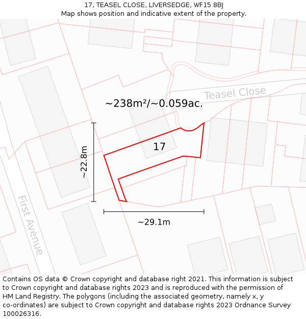 17, TEASEL CLOSE, LIVERSEDGE, WF15 8BJ: Plot and title map