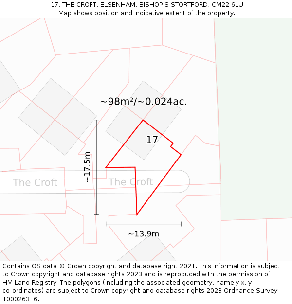 17, THE CROFT, ELSENHAM, BISHOP'S STORTFORD, CM22 6LU: Plot and title map