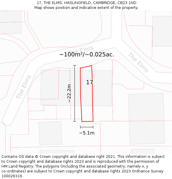 17, THE ELMS, HASLINGFIELD, CAMBRIDGE, CB23 1ND: Plot and title map