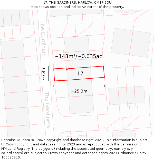 17, THE GARDINERS, HARLOW, CM17 9QU: Plot and title map