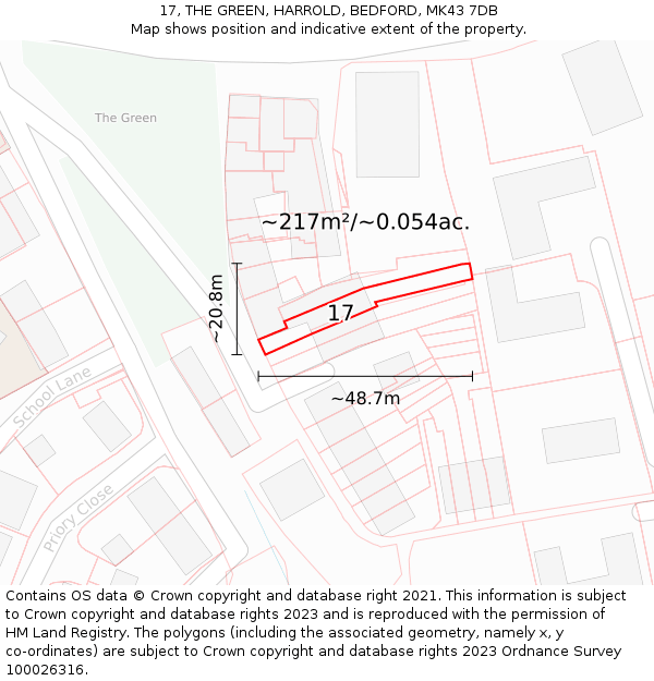 17, THE GREEN, HARROLD, BEDFORD, MK43 7DB: Plot and title map