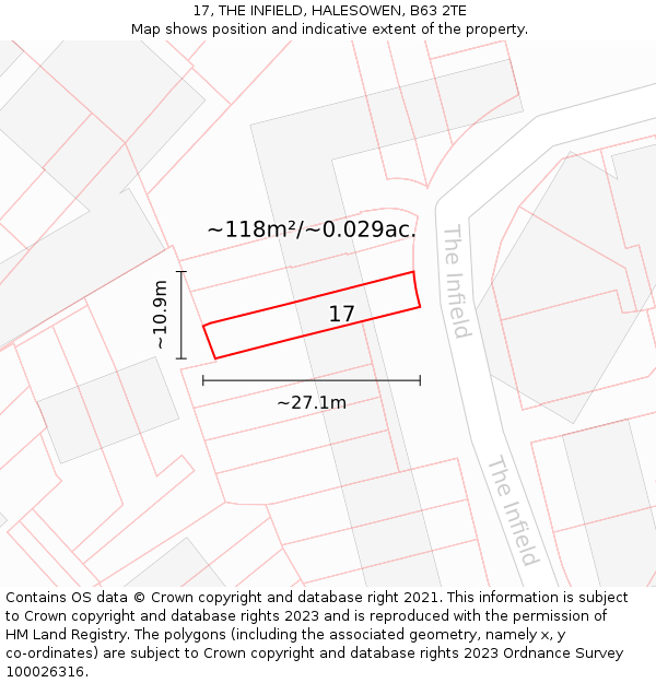 17, THE INFIELD, HALESOWEN, B63 2TE: Plot and title map